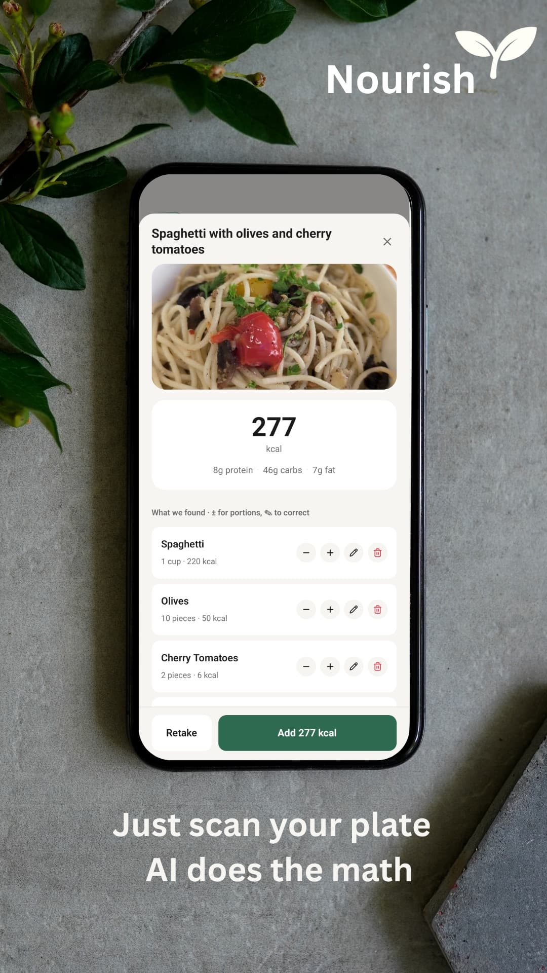 Nourish plate scan: a photo of spaghetti split into separate items, each with portion controls and an edit button
